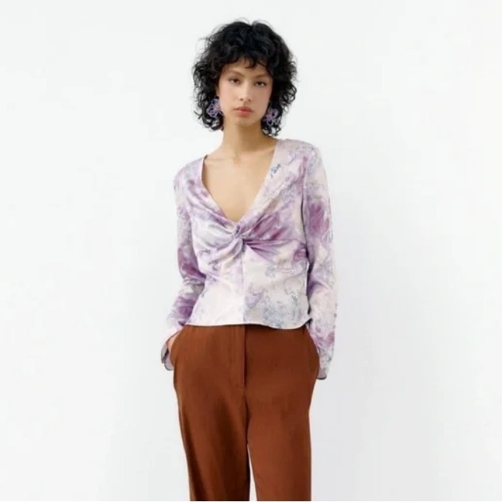 NEW Zara Satin Swirl Marble Print Top Purple multi Size XS